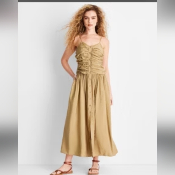 Target Tan Ruched Spaghetti Strap Maxi Dress - Picture 10 of 10